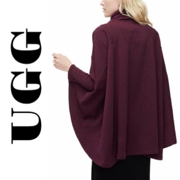 UGG Charlynne Burgundy Red Fleece Lined Mock‎ Neck Cape Poncho, Large - Picture 4 of 15